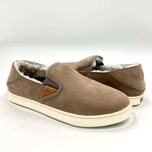 Olukai Pehuea Heu Taupe Leather Sherpa Lined Slip On Comfort Sneaker 6 - Picture 1 of 8